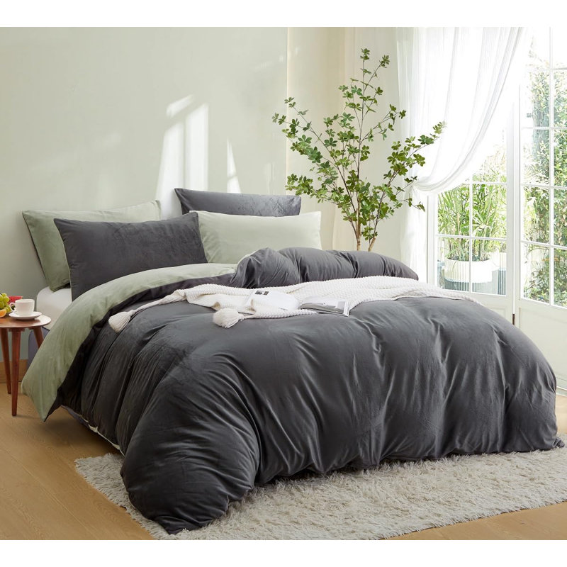 Grey Green Reversible Bedding Down Duvet Cover, King Duvet Cover + 2 King Pillowcases