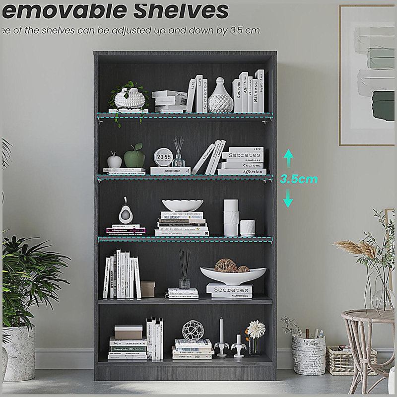 5 Tier Bookcase Modern Wood Bookshelf, Gray