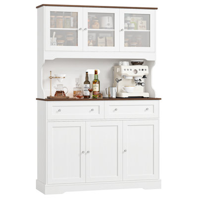 Armoire de cuisine 71,9 "avec station de charge et tablette à micro-ondes, garde-manger avec 4 placards et 2 tiroirs de rangement, armoire de salle à manger en grain de bois rustique