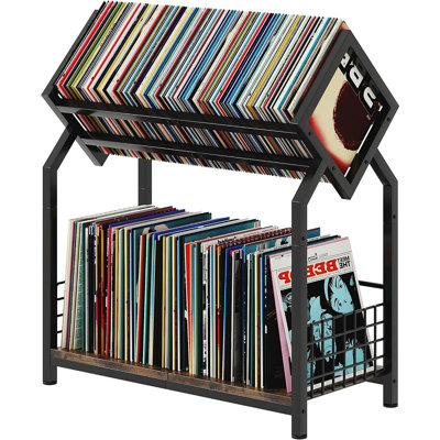 Présentoir à disques vinyles à 2 niveaux avec séparateurs, pouvant contenir 300 33 tours, aspect bois avec structure métallique, organisateur pour albums, livres et magazines
