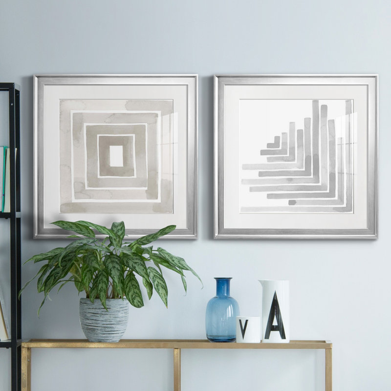 «Mute Eccentricities V», ensemble de 2 reproductions d'art encadrées, Papier avec cadre argenté, Blanc