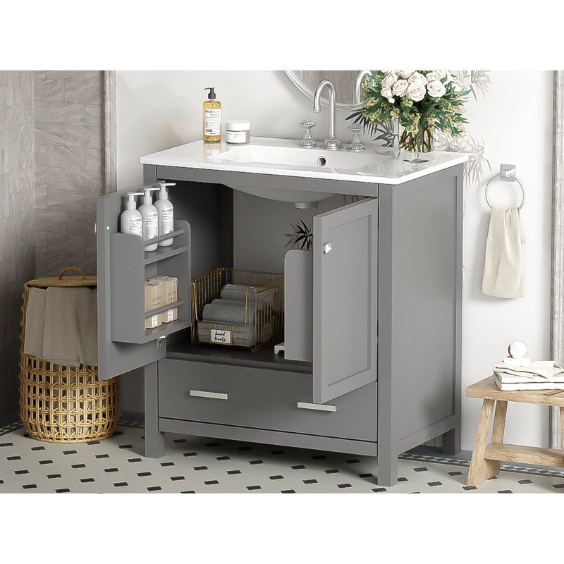 Armoire de rangement pour salle de bain 30 po, gris, bois massif, évier simple, 2 portes, 1 tiroir fonctionnel, applicable en gris. Meuble-lavabo avec portes. 2 portes et 1 rangement, en bois