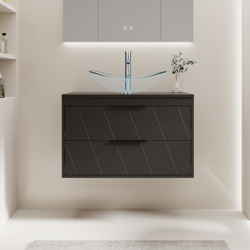 Ensemble de meuble-lavabo mural simple 30 po avec lavabo vasque en céramique Sharee, comptoir en bois manufacturé, robinet et bonde Sharee