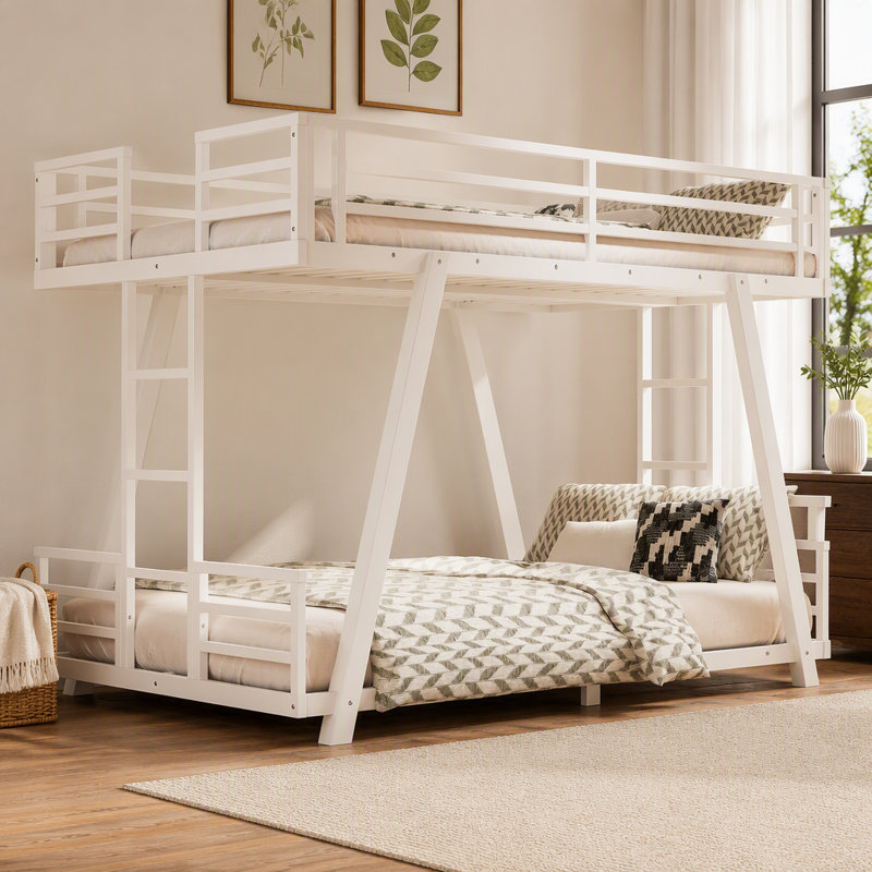 Lit superposé simple TG au-dessus de simple TG avec 2 échelles latérales, lit superposé en métal avec pieds de support spéciaux et lumière DEL, lit superposé à profil bas, blanc