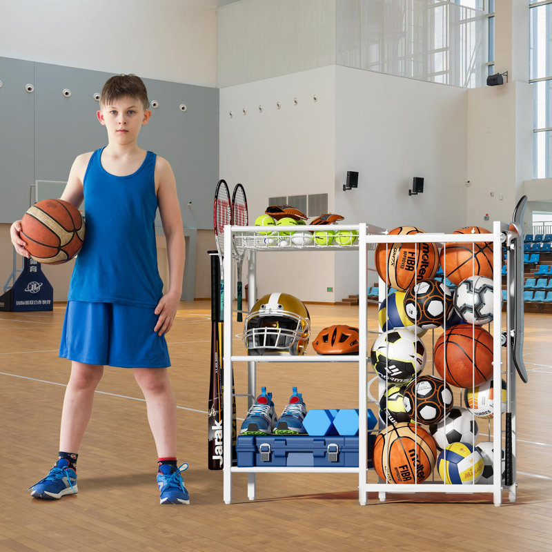 Organisateur pour équipement de sport, support de rangement pour balles avec sangles élastiques, chariot de rangement pour organisateur de sport avec crochets, blanc