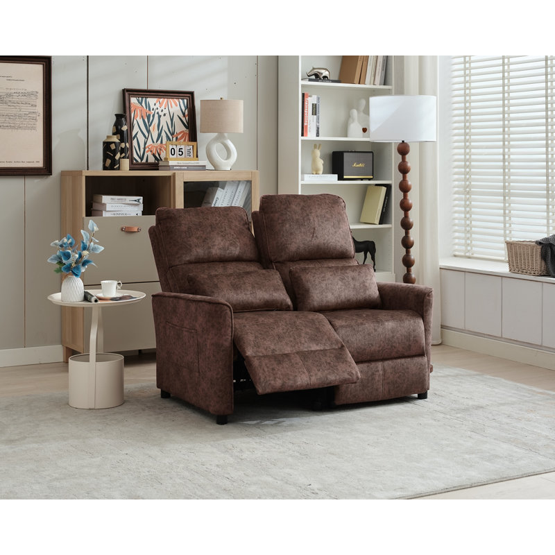 Manual Push Back Reclining Loveseat Sofa For Living Room, Brown Fabric