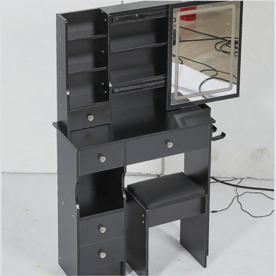 29.2" Small Size Left Drawer Desktop Vanity Table + Cushioned Stool, 2 AC+2 USB Power Station, Hair dryer bracket, Extra Large Touch Control Sliding LED Mirror, Tri-color Switching, Brightness Adjust