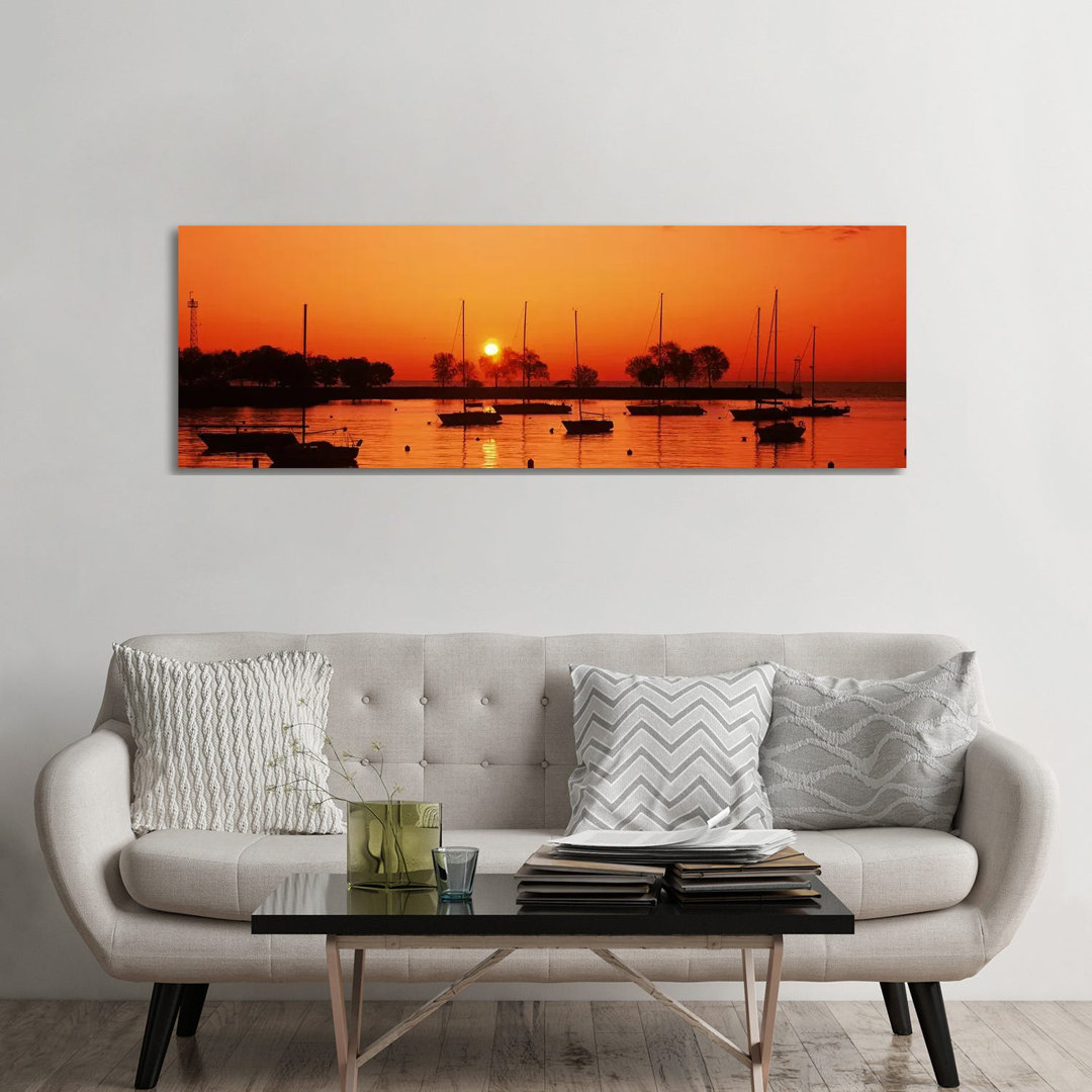 Silhouette Of Boats In A Lake, Lake Michigan, Great Lakes, Michigan, USA - Wrapped Canvas Panoramic Print