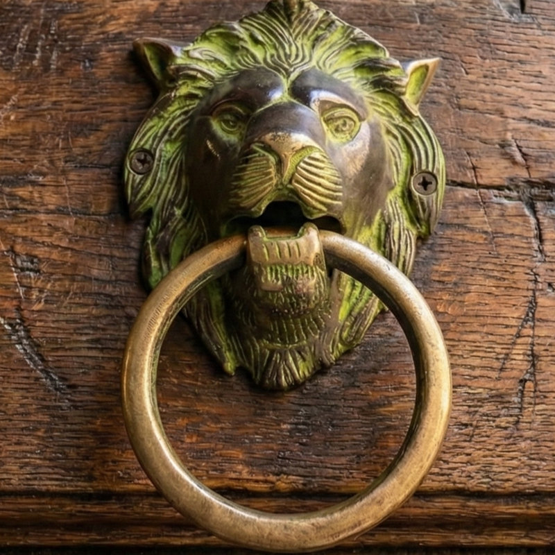 Antique Green Patina Brass Lion Head Door Knocker - Handcrafted Traditional Indian Style Front Door Hardware with Ring Handle for Home Entrance Decor