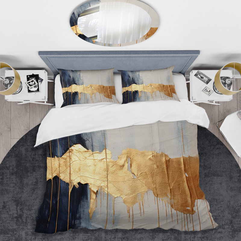 Waves Of Joy Minimal Nova Blue And Gold I - Abstract Duvet Cover Set - Microfiber Polyester, King Duvet Cover + 2 King Shams