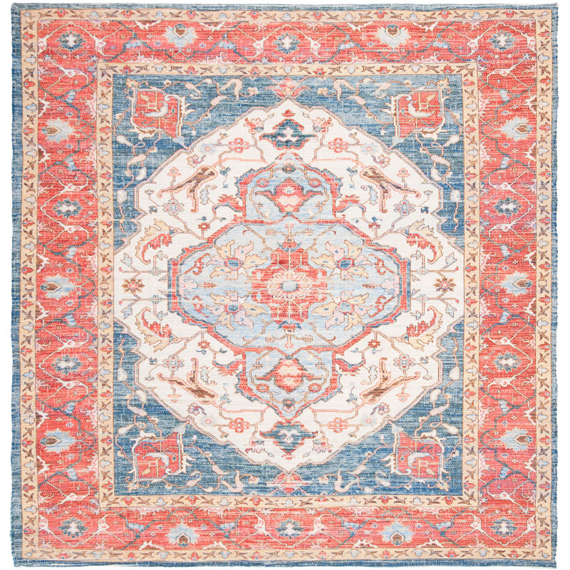 Joppatowne Handmade Flatweave Cotton Fuchsia/Blue Area Rug, Square 6'