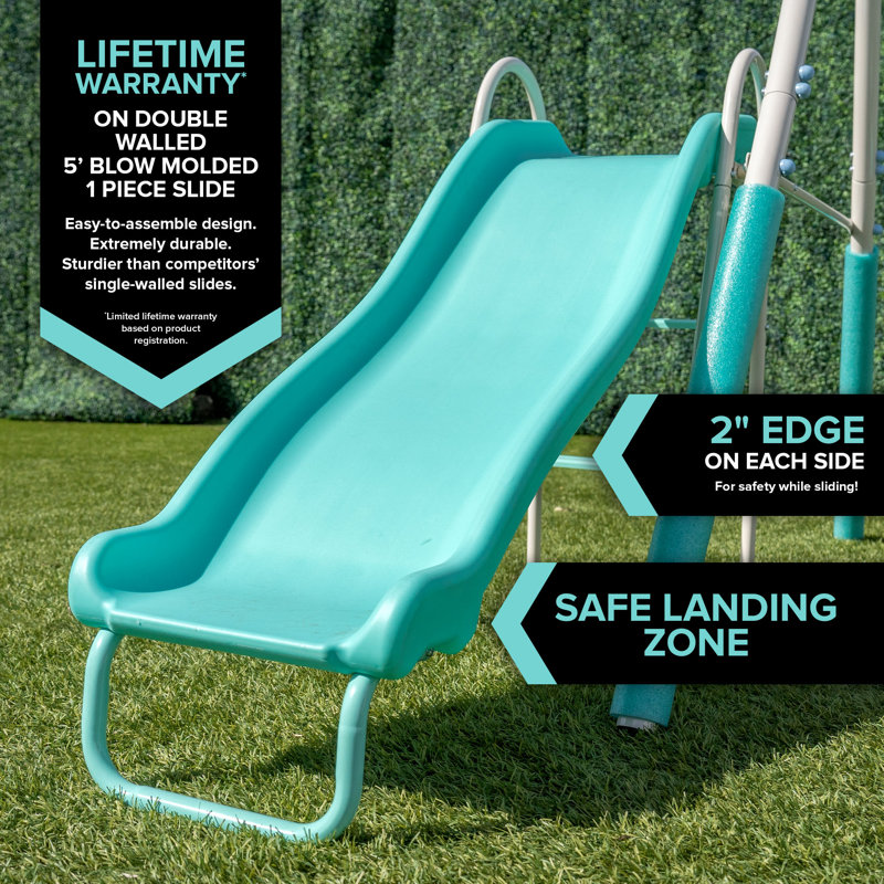 Teal Metal Swing Set with Slide and Trapeze