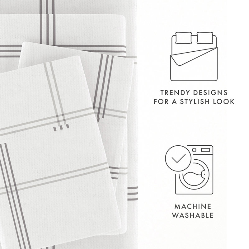 Sheet Set 100% Cotton Patterned Flannel Super Soft Bedding, Gray Checkered, King Sheet Set with 3 Additional Pieces