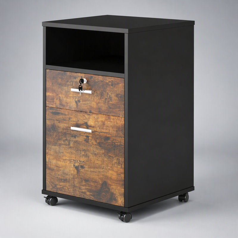 Classeur mobile en bois à 2 tiroirs avec serrure et tablette ouverte pour dossiers de format lettre, brun rustique, idéal pour l'organisation de bureau à domicile