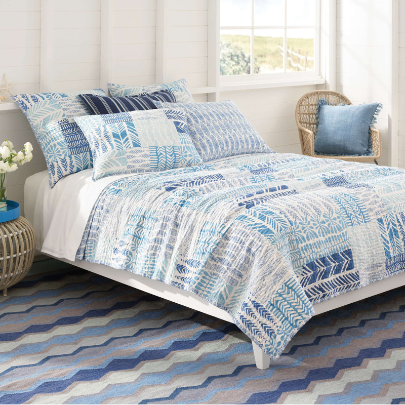 Block Print Patchwork Blue Coverlet, Twin Coverlet