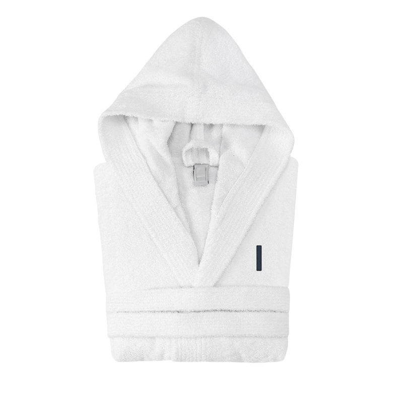 Peignoir monogrammé à capuche en coton turc, I, Blanc