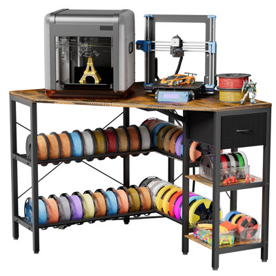 Corner 3D Printer Stand with Charging Station, Filament Storage and Drawer, Rustic Brown and Black