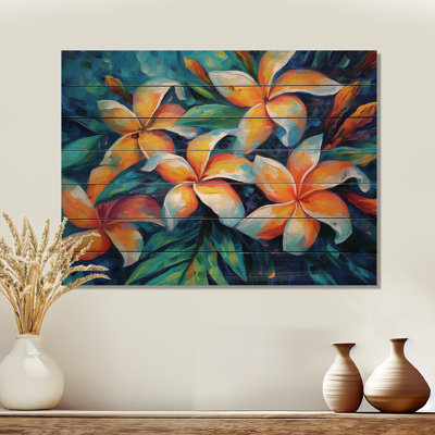 Tropical Colorful Plumeria Wonderland I - Plumeria Wood Art On Natural Pine Wood
