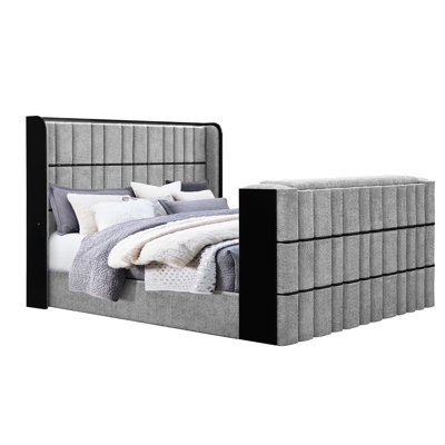 Grey King Bed Featuring 50" Tv Lift, Built - In Speakers, Led , Fireplace In , Contemporary Style, Upholstered