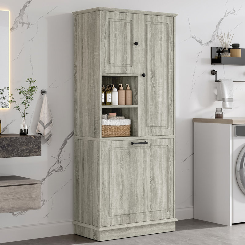 Armoire de salle de bain avec tablettes réglables, grand panier rabattable et armoire fermée, Chêne