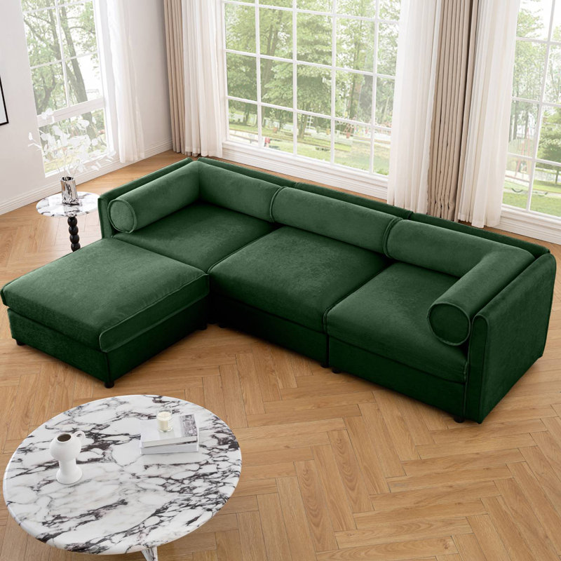 L-Shaped Upholstered Modular Sectional With Storage Ottoman, Green Chenille