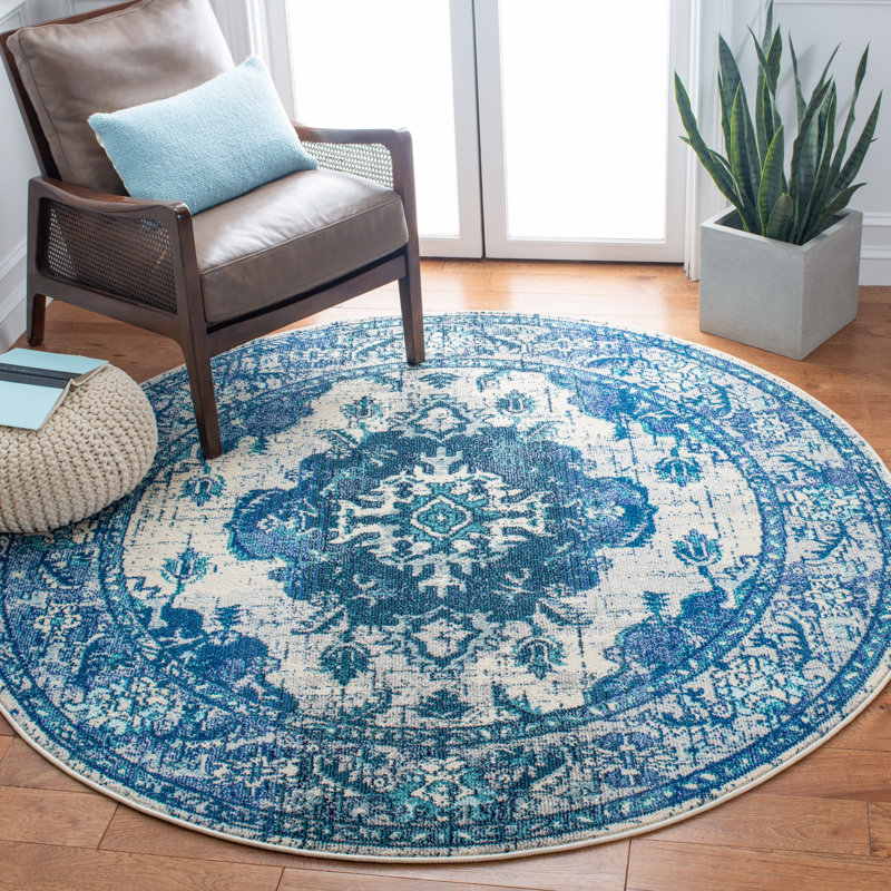 Almyra Oriental Area Rug, Round 3', Blue/Ivory
