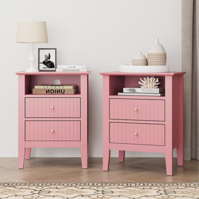 Ensemble de table de chevet 18 po à 2 tiroirs cannelés 18 po, rose moderne avec rangement