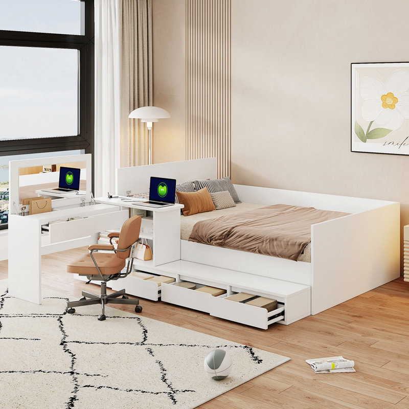 Wooden Platform Bed With Shelves, Table And 6 Drawers, White