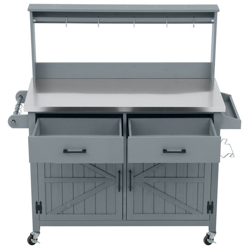 54.1" Outdoor Kitchen Island with High Shelf, Large Outdoor Potting Bench Table with Stainless Steel Top and Storage Cabinet, Solid Wood Grill Cart With Lockable Wheels for BBQ, Garden