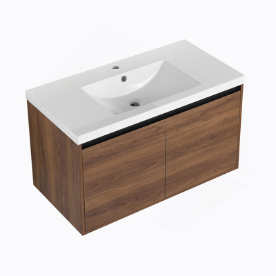 Ensemble de meuble-lavabo brun 36 po avec lavabo à poser en résine, ensemble d'armoires de salle de bain 2 portes