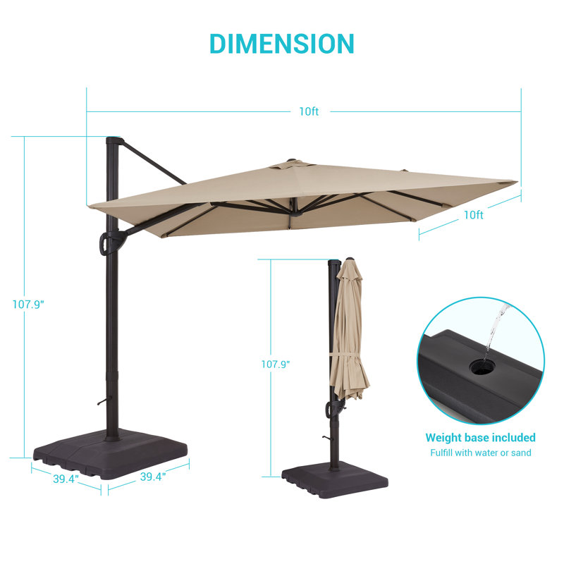 Parasol en porte-à-faux pour patio Dajaha avec base, parapluie carré 10 x 10 pi pour marché, terrasse et balcon, Sable brun