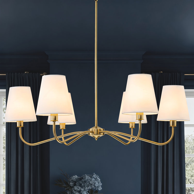 36”w Classic Chandelier With White Linen Shades, Gold
