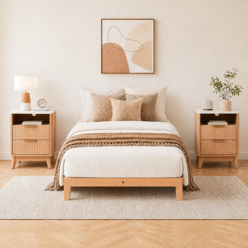 Lit plateforme en bois massif avec table de chevet 2 tiroirs Devries, Twin, 12"