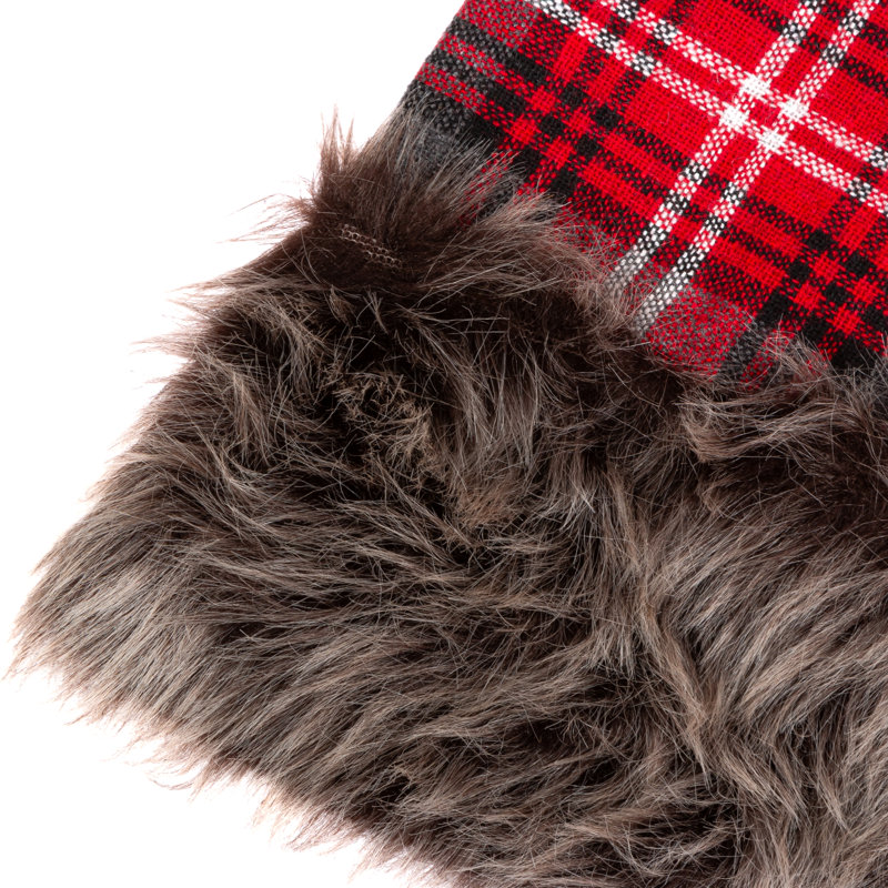 Red and White Faux Fur Plaid Tree Skirt with Reindeer Applique