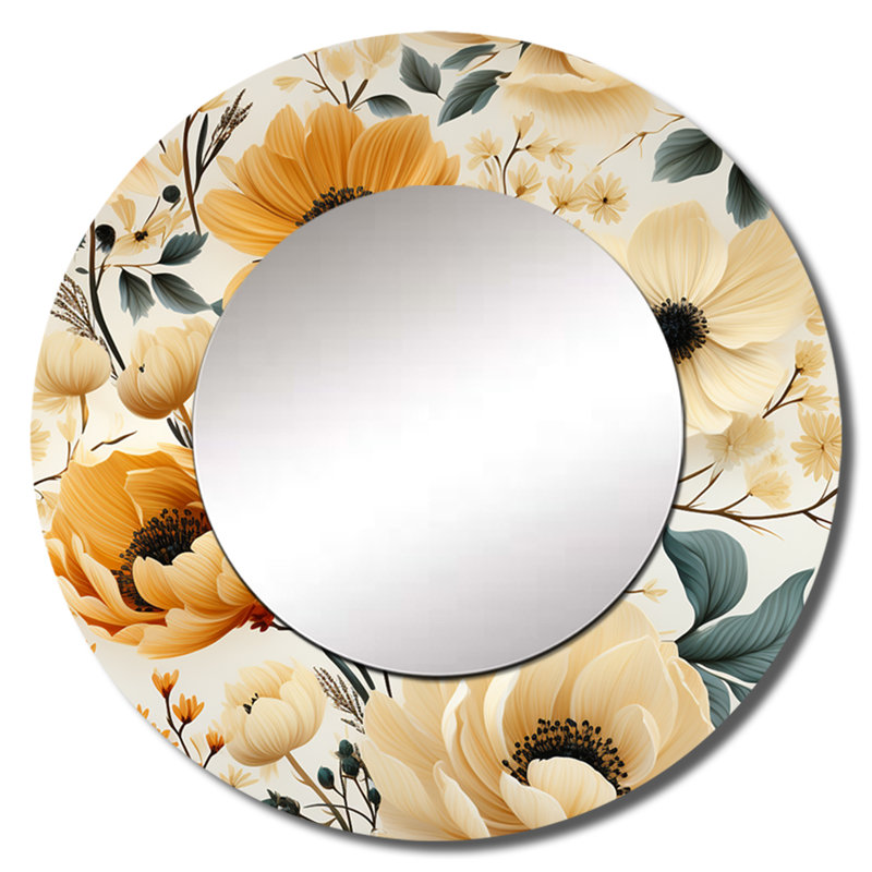 Bouquet de fleurs rustique beige rustique - miroir floral, miroir mural rond beige unique, impression d'art en métal
