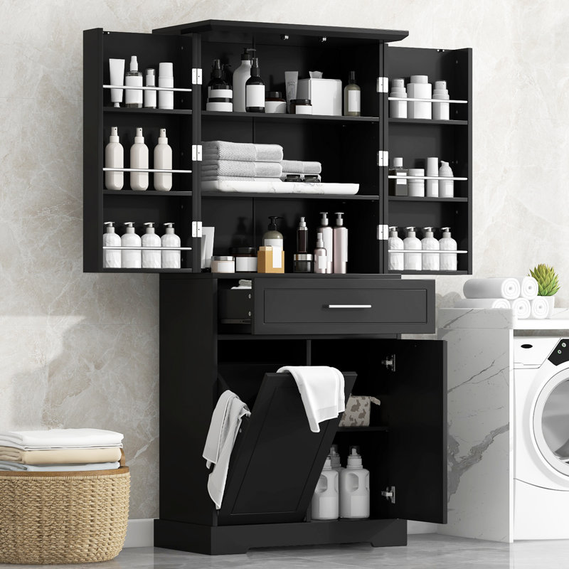 Armoire de rangement autoportante avec portes et tiroirs, panier à linge inclinable, tablette réglable, plusieurs espaces de rangement