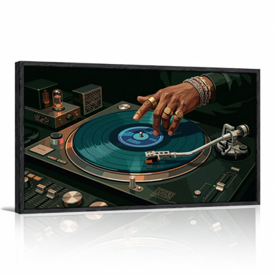 Retro DJ Turntable With Teal Vinyl Record And Gold Rings Canvas Wall Art