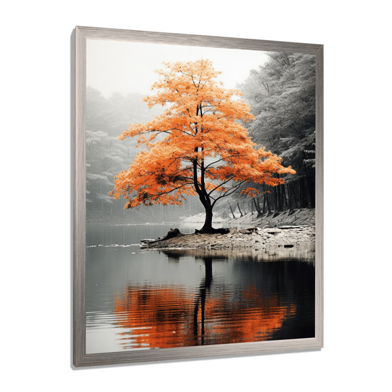 «Orange and Gray Forest Autumn Elegance II», art sur toile Forêt, H 40 po x l 30 po, Cadre photo unique, Argent argent