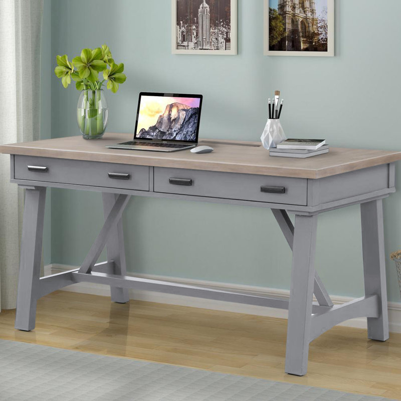Bureau Stapleton avec prises intégrées, Dessus naturel patiné / base colombe
