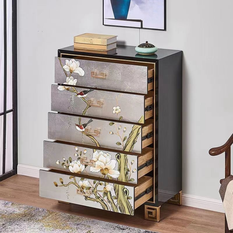 Painted Five-Drawer Silver Foil Accent Cabinet