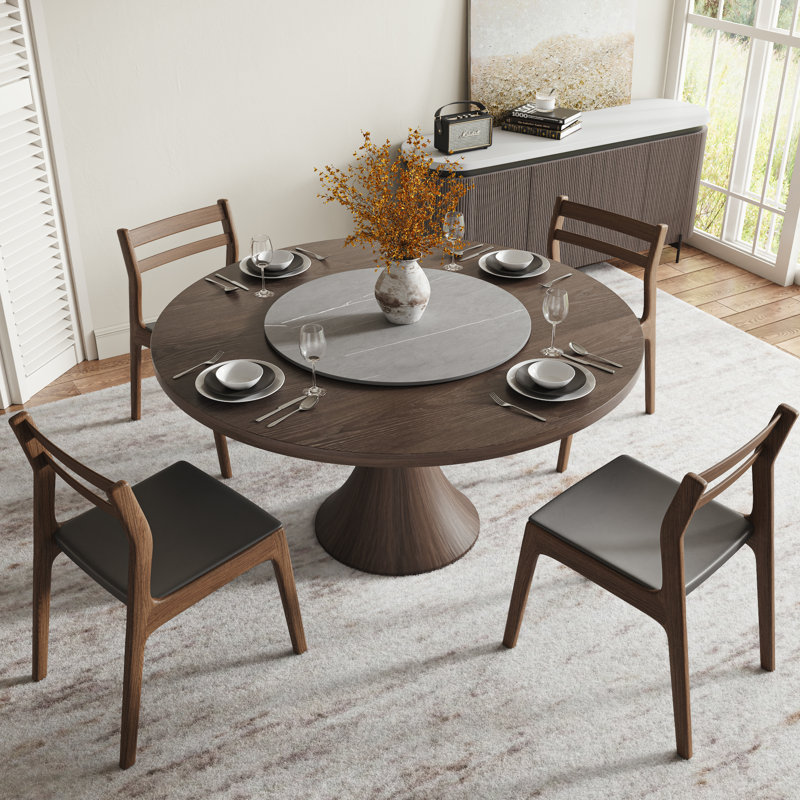 Table de salle à manger en bois massif brun foncé épais et noyer épais avec plateau tournant amovible en pierre