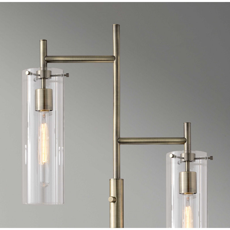 Abat-jour cylindrique en verre transparent à deux lumières avec ampoule à filament rétro et mât en métal