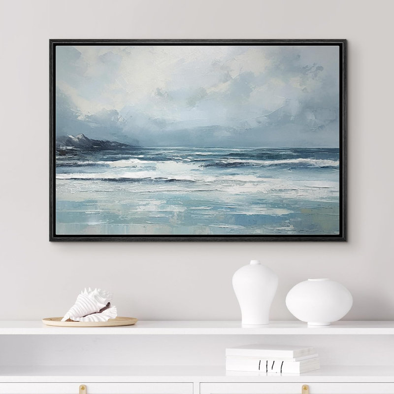 Coastal Beach " Navy Blue Ocean Wave Beach Nature ", Black Floater Framed, 24" H x 36" W x 1.5" D