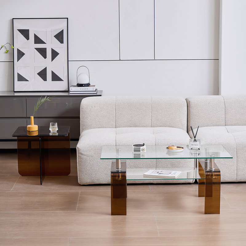 Table basse moderne à 2 niveaux en verre trempé avec tablette de rangement | Table centrale peu encombrante pour le salon et les petits espaces