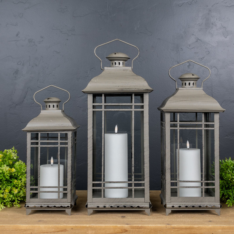 3 Piece Metal Lantern Set, 20" H x 8.5" W x 8.5" D, Brown