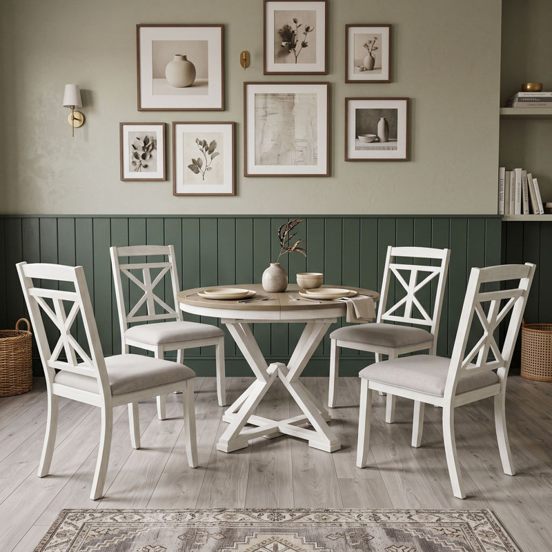 Ensemble de table de salle à manger 5 pièces avec table ronde extensible et 4 chaises rembourrées, Brun blanc antique