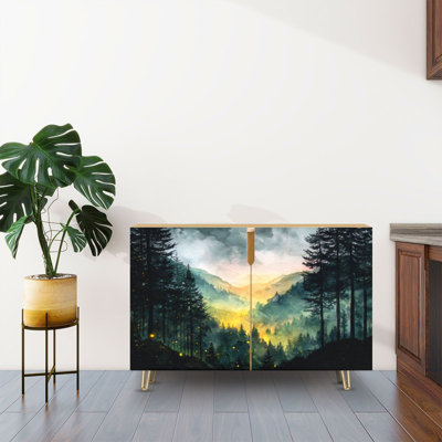 Sideboard Buffet Cabinet with Storage Golden Ink Firefly Watercolor with 2 Doors for Living Room and Kitchen