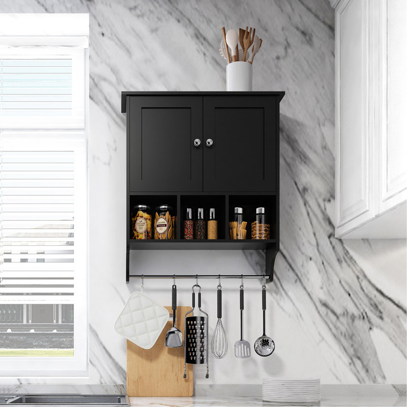 Armoire de rangement spacieuse en noir, avec barre à serviettes et aspect noir élégant
