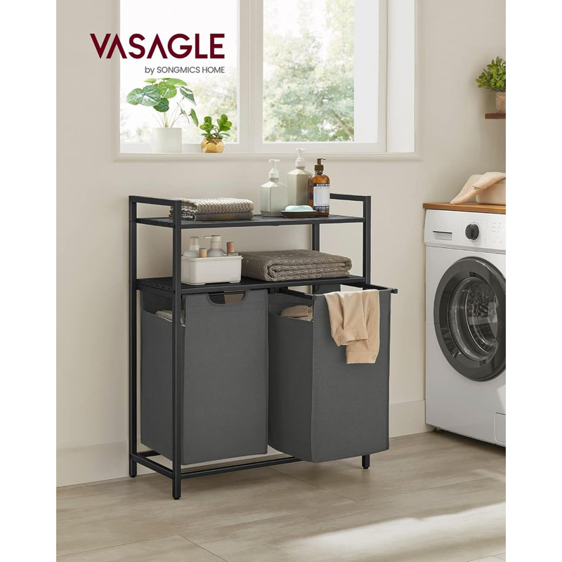 Laundry Hamper, Laundry Basket With 2 Pull-Out And Removable Bags, 2 Shelves, 12 Gallons (46 L) Capacity Per Bag, Black And Gray