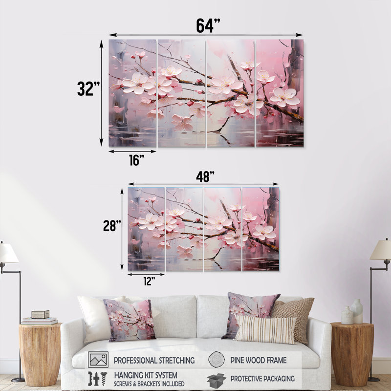 Cerisier blanc et rose Bloom I - Ensemble de 4 décorations murales cerise, H 32 po x l 64 po